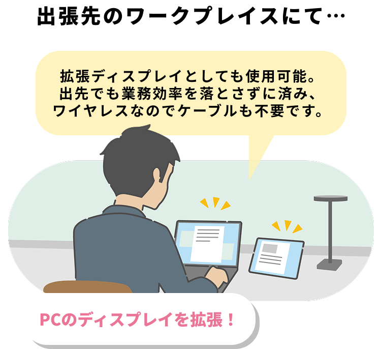 出張先のワークプレイスにて… PCのディスプレイを拡張！拡張ディスプレイとしても使用可能。出先でも業務効率を落とさずに済み、ワイヤレスなのでケーブルも不要です。
